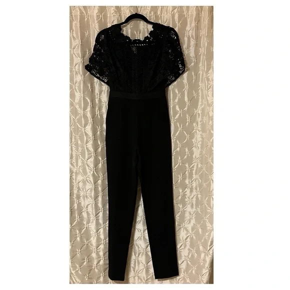 Self-Portrait Black Serena Guipure Lace Crepe Jumpsuit Crochet Pants Set - Picture 4 of 16